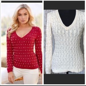 Boston Proper Cable Knit Faux Pearl V-Neck…